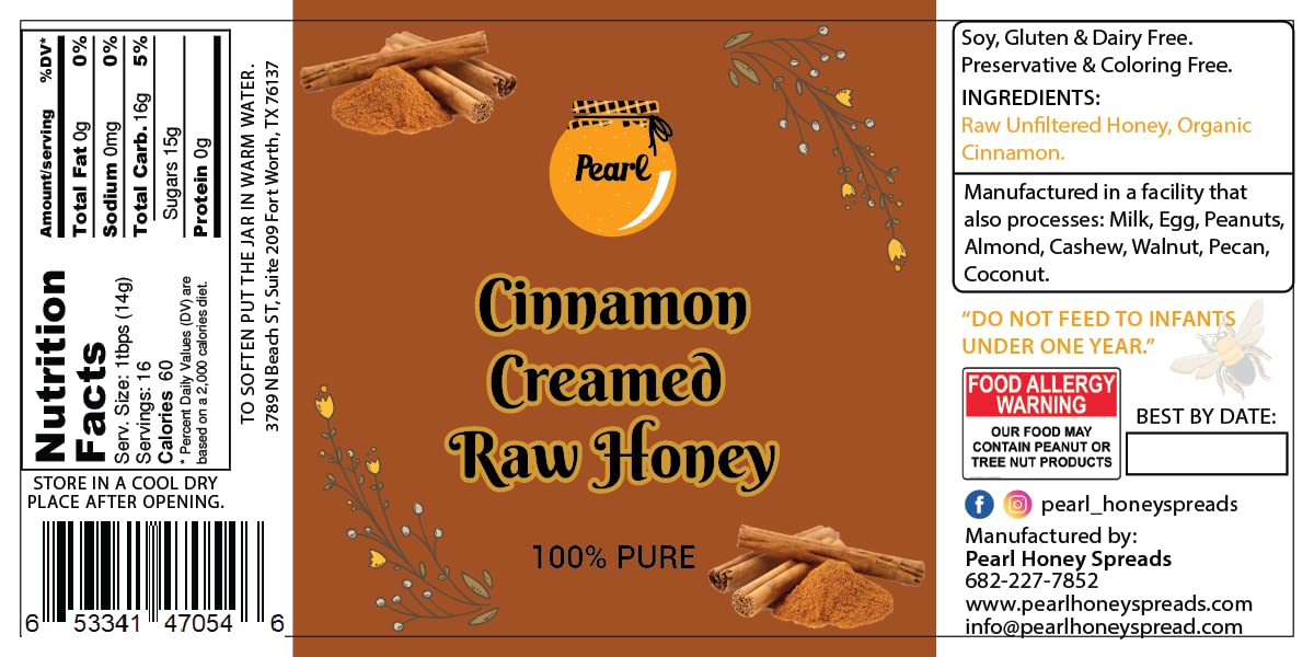 Pearl Honey Spreads - Organic Cinnamon Flavored Creamed Raw Honey - Chemical Free, Soy Free & 100% Naturally Flavored | 8.8 Oz J