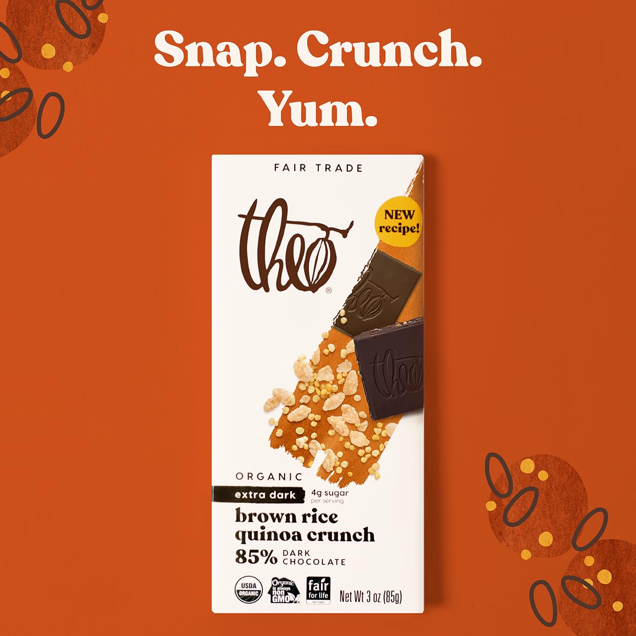 Theo Chocolate Brown Rice Quinoa Crunch Organic Dark Chocolate Bar, 85% Cacao, 12 Pack | Vegan, Fair Trade