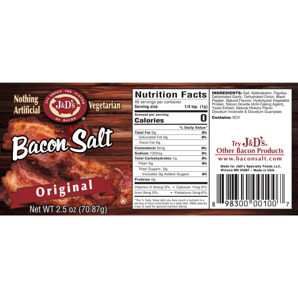 J&Ds Bacon Salt, Original, 2.6 Ounce, Bacon-Flavored Seasoning Salt, Vegan, Vegetarian, Kosher
