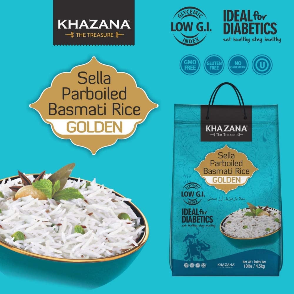 Khazana Authentic Golden Sella Parboiled Basmati Rice - 10Lb Resealable Ziploc Bag | Non-Gmo, Gluten-Free, Kosher, Cholesterol F