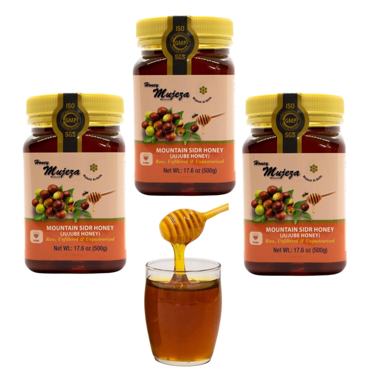 Authentic Mountain Sidr Honey - Jujube  Unheated Unfiltered Unprocessed 100% Natural Gluten Free Raw Liquid Honey (3 Jars 500G/17.6Oz)