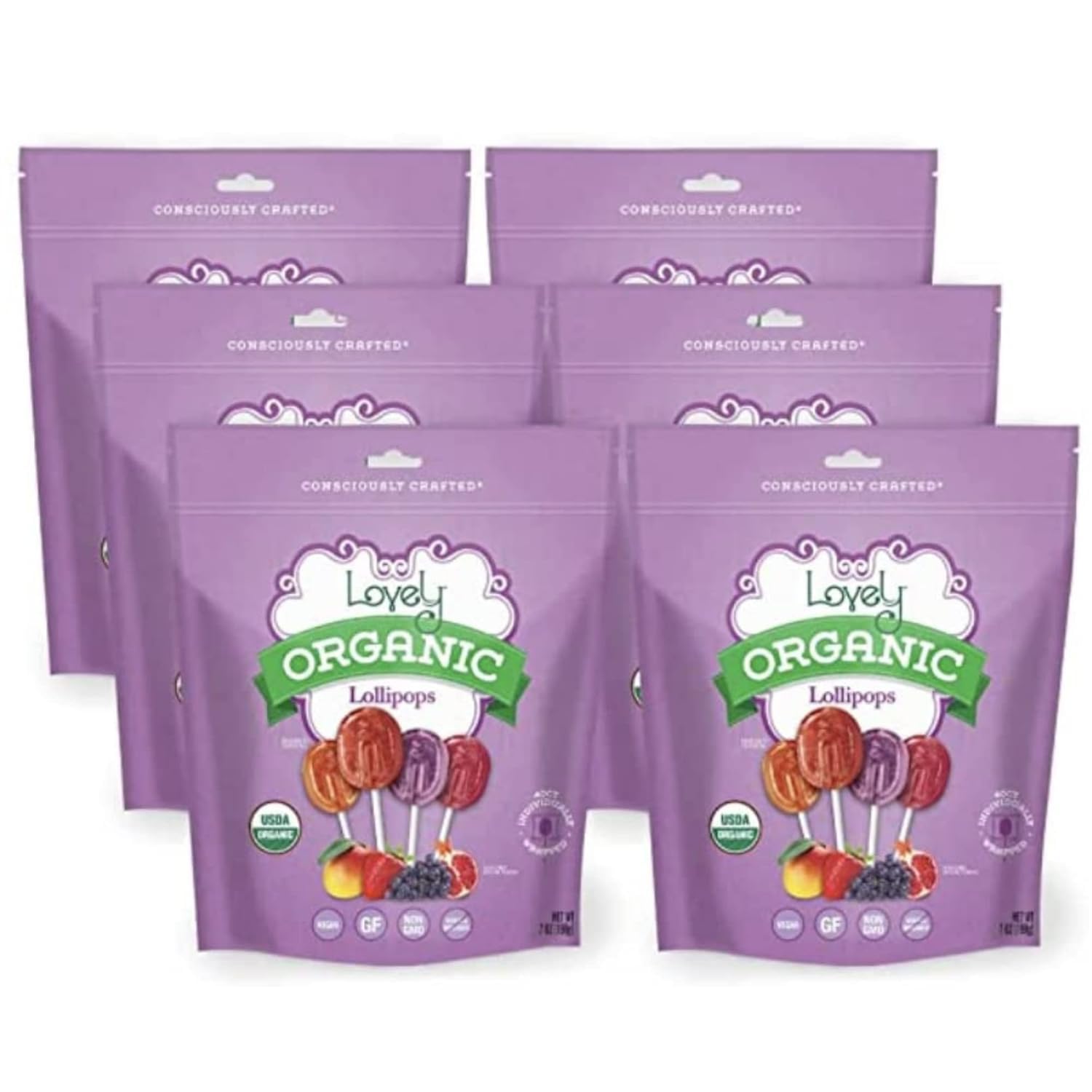 Lovely Candy Co. Organic Lollipops, Individually Wrapped, 7Oz (6-Pack) | Vegan, Gluten-Free, Non-Gmo, No Artificial Colors Or Flavors | Mango, Strawberry, Grape & Pomegranate