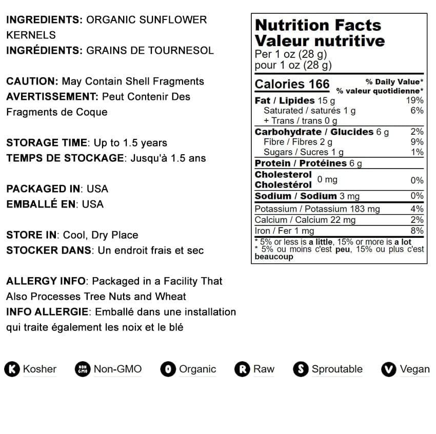 Food To Live - Organic Sunflower Seeds, 1 Pound - Hulled, Raw, Non-Gmo, Dried Kernels, Unsalted, Kosher, Vegan, Keto, Paleo, Sir