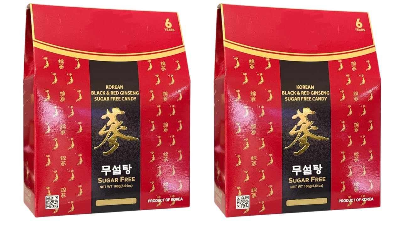 Korean Ginseng Candy, Sugar Free (2 PACKS, BLACK AND RED GINSENG)
