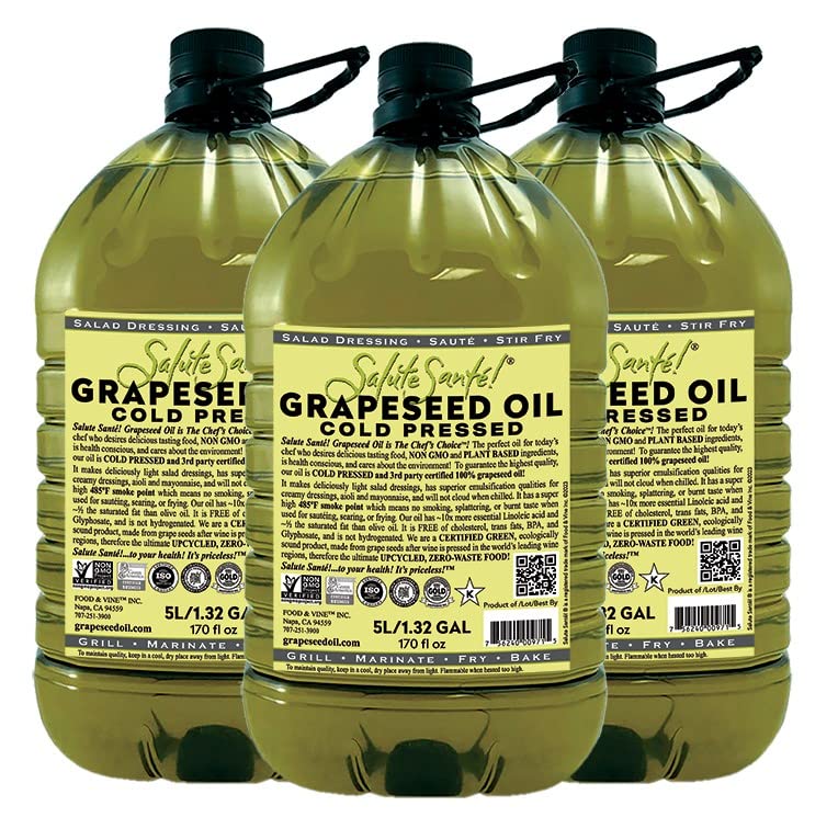 Salute Sante! Cold Pressed Grapeseed Oil – Non-GMO Cooking Oil, Vegan, Kosher – 5 Liter, 3 Pack