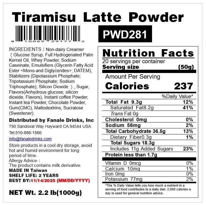 Fanale Premium Tiramisu Flavor Powder | Bubble Tea Flavoring Powder | Perfect For Baking, Smoothies, And Drinks - 2.2 Lb 1Kg | P
