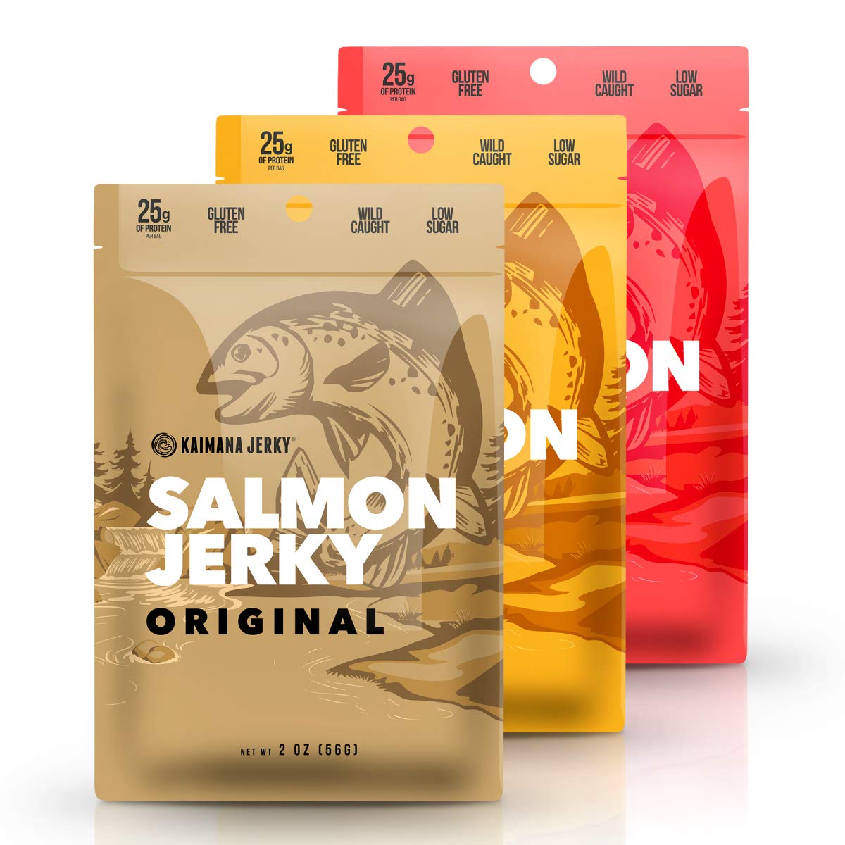 Kaimana Jerky Wild Caught Salmon Jerky - Organic Dried Fish Strips, Low-Calorie Seafood Snack - 2 Ounce (Pack of 3)