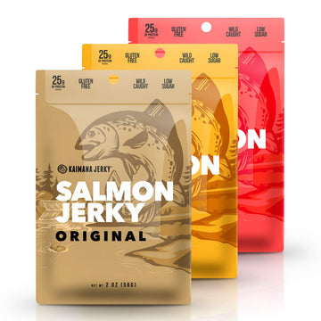 Kaimana Jerky Wild Caught Salmon Jerky - Organic Dried Fish Strips, Low-Calorie Seafood Snack - 2 Ounce (Pack of 3)