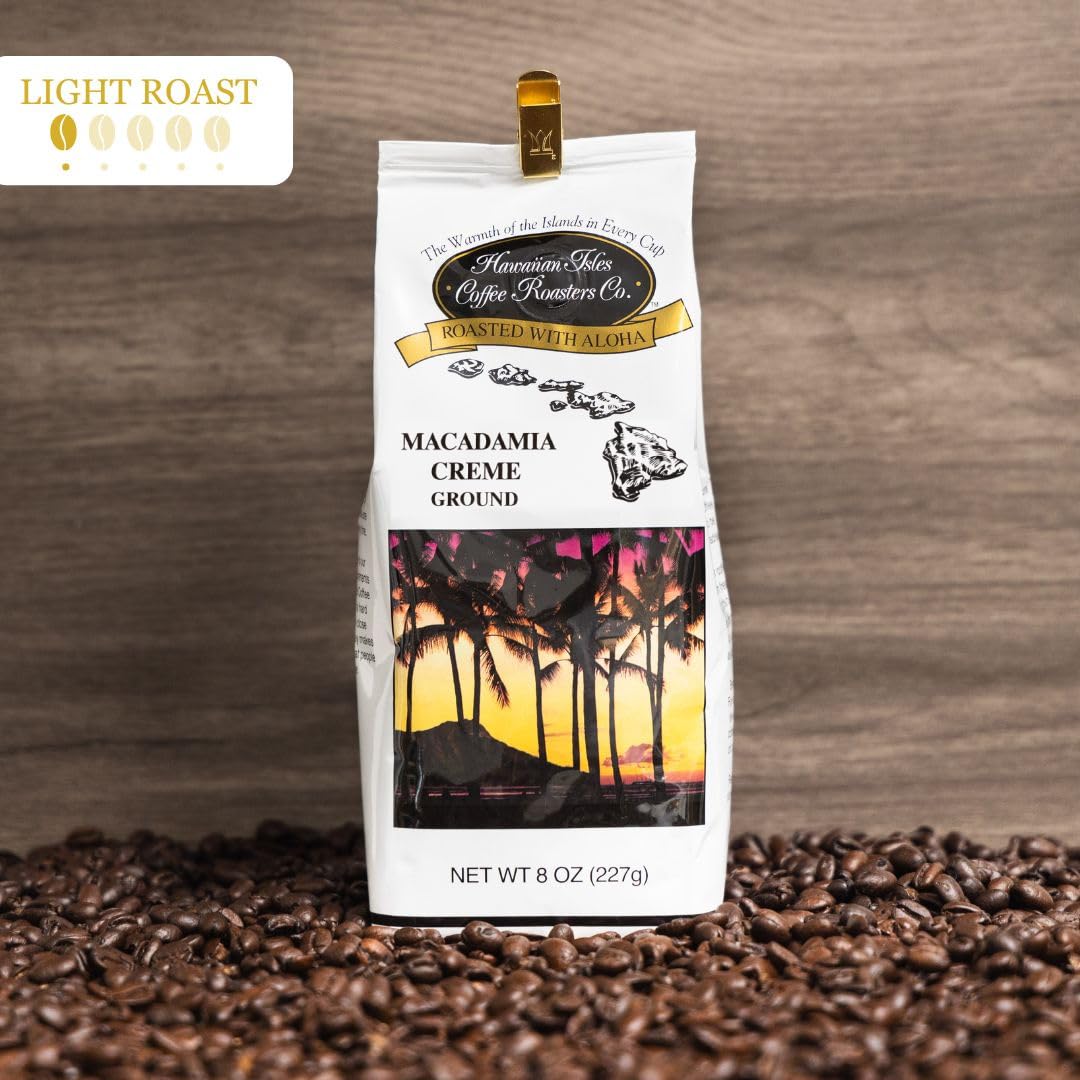 Hawaiian Isles Macadamia Creme Flavored, Light Roast Ground Coffee, Roasted With Aloha - 8 Ounce Bag