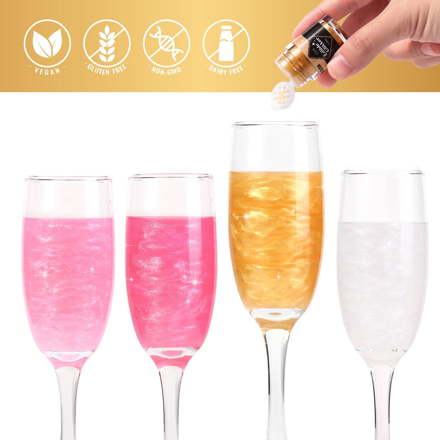 Cobakey Edible Glitter for Cocktails, 4g Pink Glimmer Powder, Food Grade Metallic Coloring, 4 Color Set