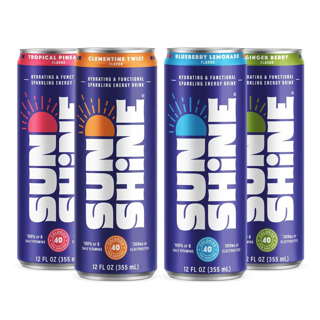 Legendary Sunshine Sparkling Energy Drink Variety Pack, 12 Fl Oz, Vitamin B12, Electrolytes, 70mg Natural Caffeine, Pack of 12