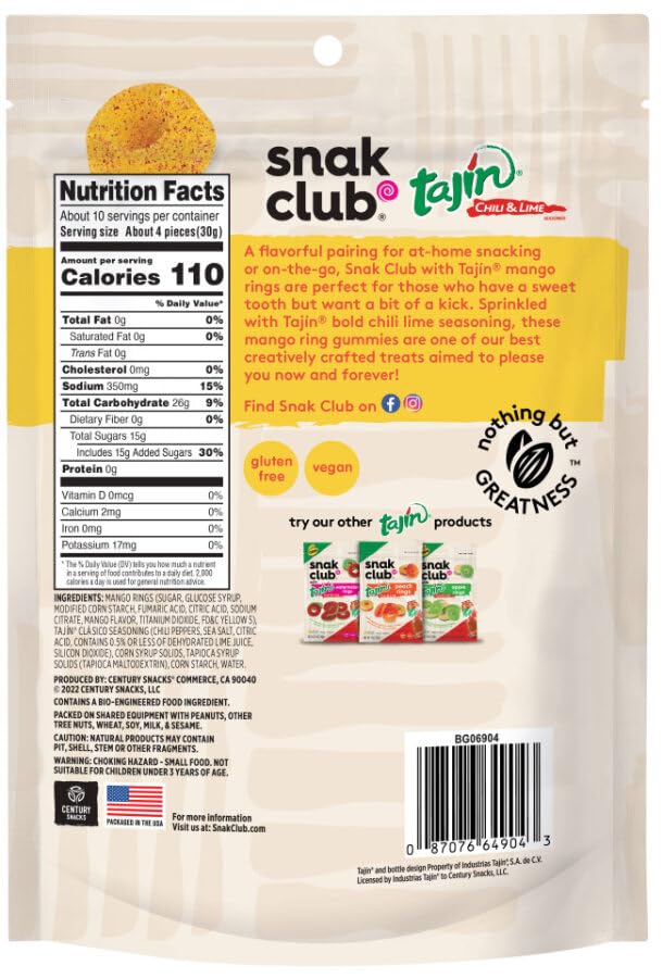 Snak Club Tajin Mango Rings, Chili & Lime Sweet Spicy Gummy Snacks, Mild In Heat Bold In Flavor, Gluten-Free Snack, 11Oz Reseala