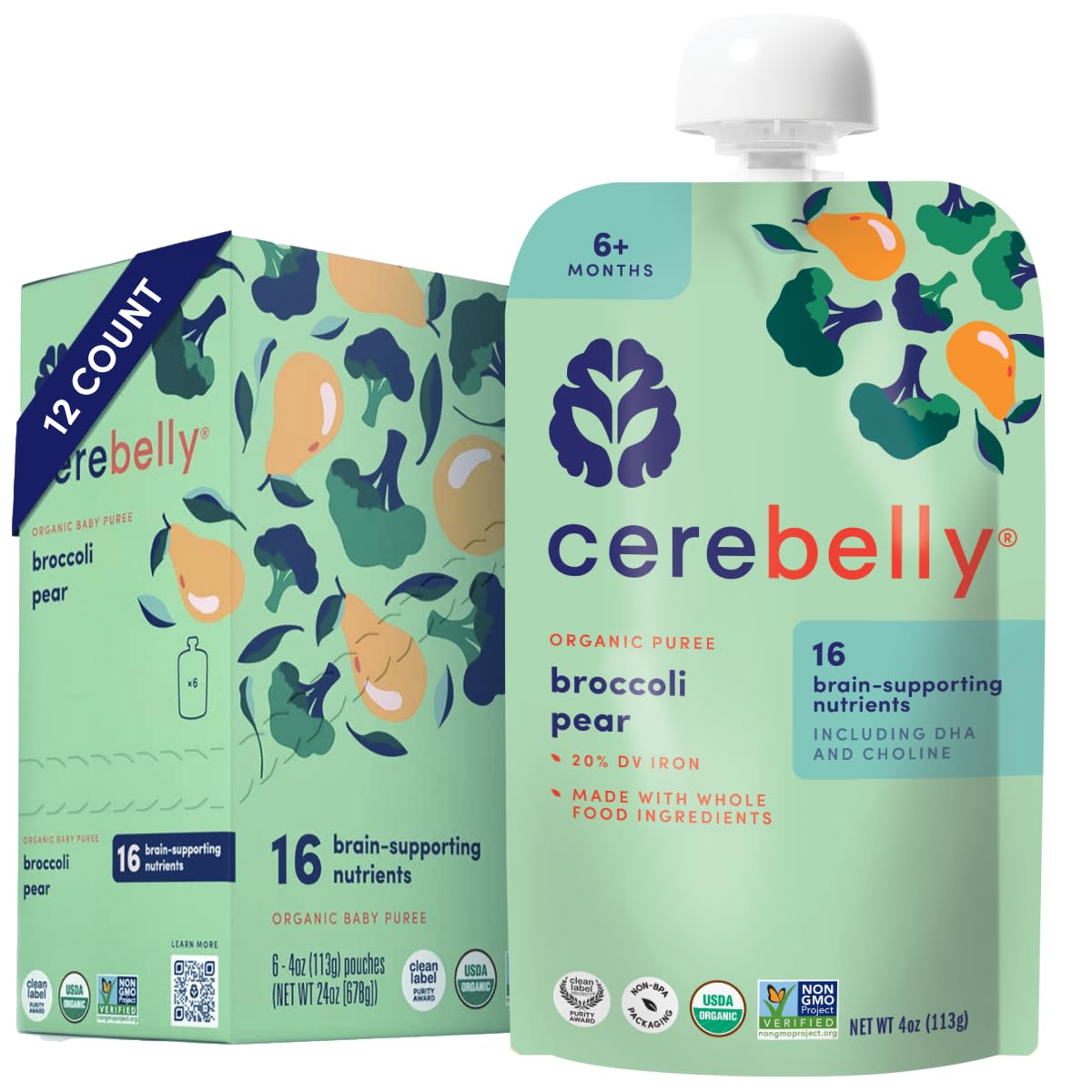 Cerebelly Organic Baby Food Pouches, Broccoli Pear Purees, 16 Nutrients, No Added Sugar, Fiber & Non-Gmo, 4Oz, 12 Pack