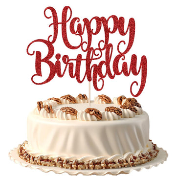 Fmiyuneea Happy Birthday Cake Topper- Glitter Happy Birthday Cake Decor, Handmade Anniversary/Birthday Party Supplies (Red)