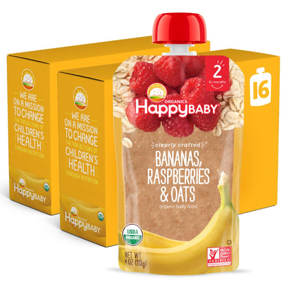 Happy Baby Organics Stage 2 Baby Food Pouches, Gluten Free, Vegan & Healthy Snack, Clearly Crafted Fruit & Veggie Puree, Bananas