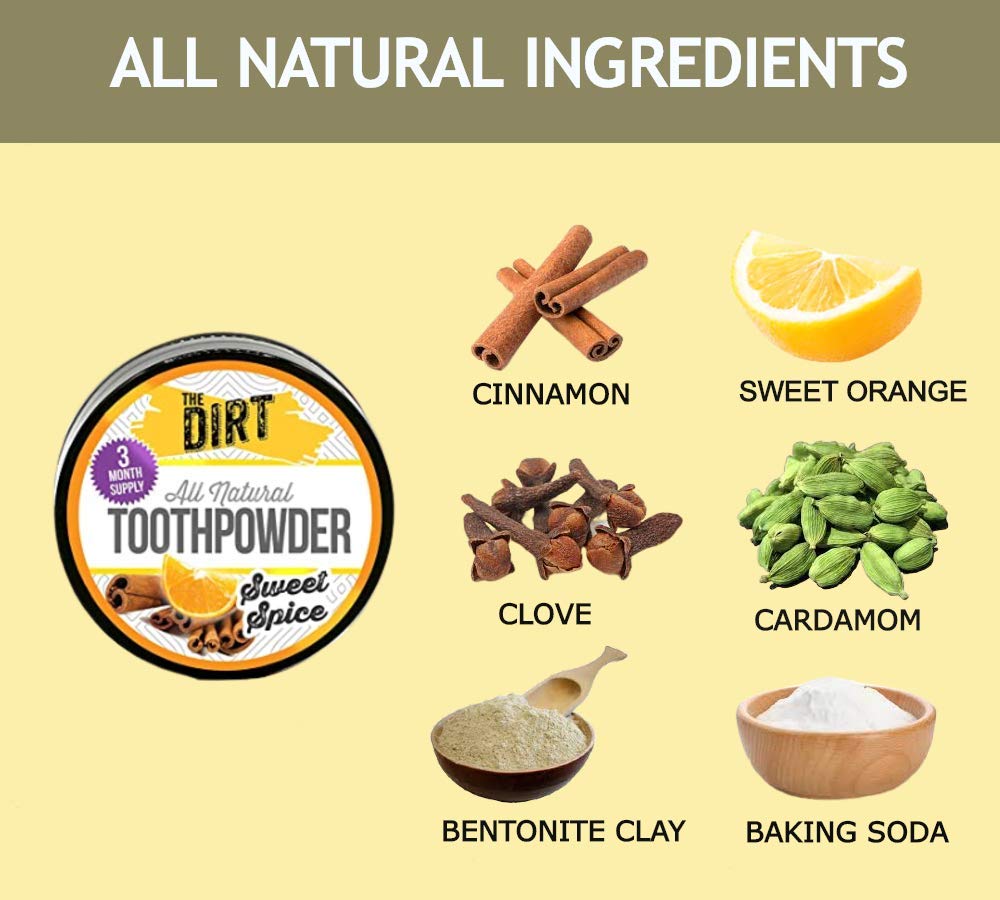 The Dirt Tooth Powder - Natural Fluoride-Free Toothpaste Alternative, Vegan - Essential Oils & Bentonite Clay (Sweet Spice, 25G: