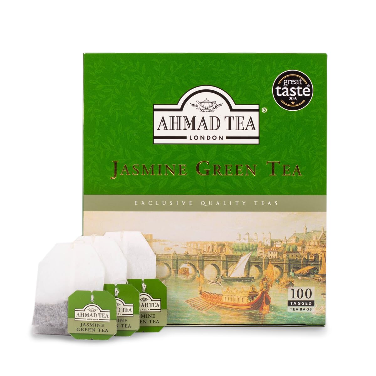 Ahmad Tea Jasmine Green Tea, Tagged Teabags Without Envelopes, 100 Count