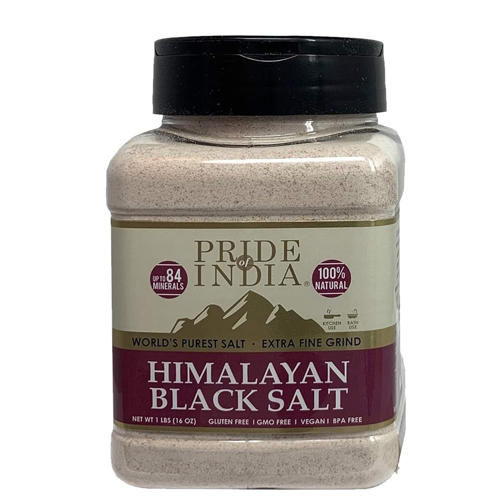 Pride Of India - Himalayan Black Salt (Kala Namak) Extra Fine, 1 Pound (16oz) Dual Sifter Jar - 84+ Natural Mineral Enriched - G