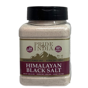 Pride Of India - Himalayan Black Salt (Kala Namak) Extra Fine, 1 Pound (16oz) Dual Sifter Jar - 84+ Natural Mineral Enriched - G