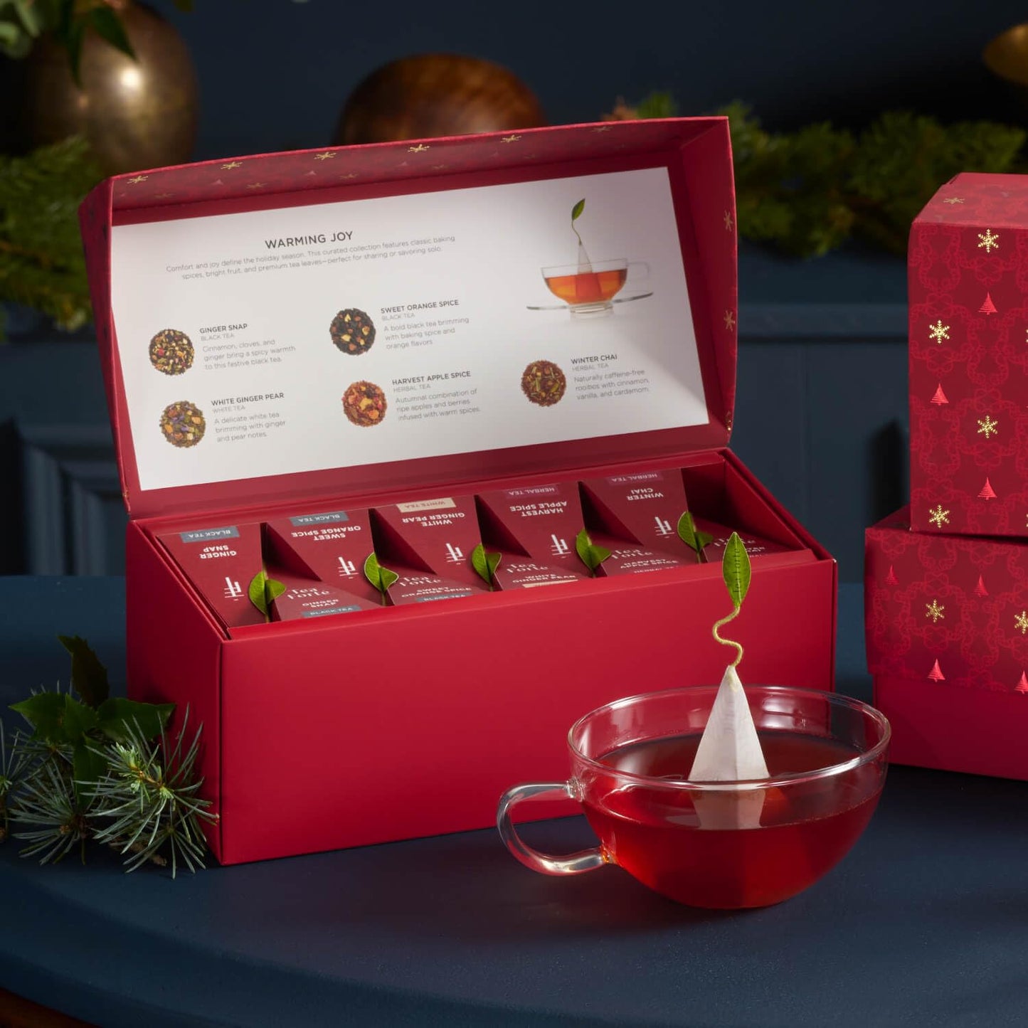 Tea Forte Warming Joy Holiday Enhanced Presentation Box Gift Set Sampler, 20 Count, 4 Of Each Blend Individually Wrapped Handcrafted Pyramid Infuser Bags