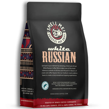 Bones Coffee Company White Russian Whole Coffee Beans, Low Acid Flavored Coffee, Made With Arabica Coffee Beans, Medium Roast Go