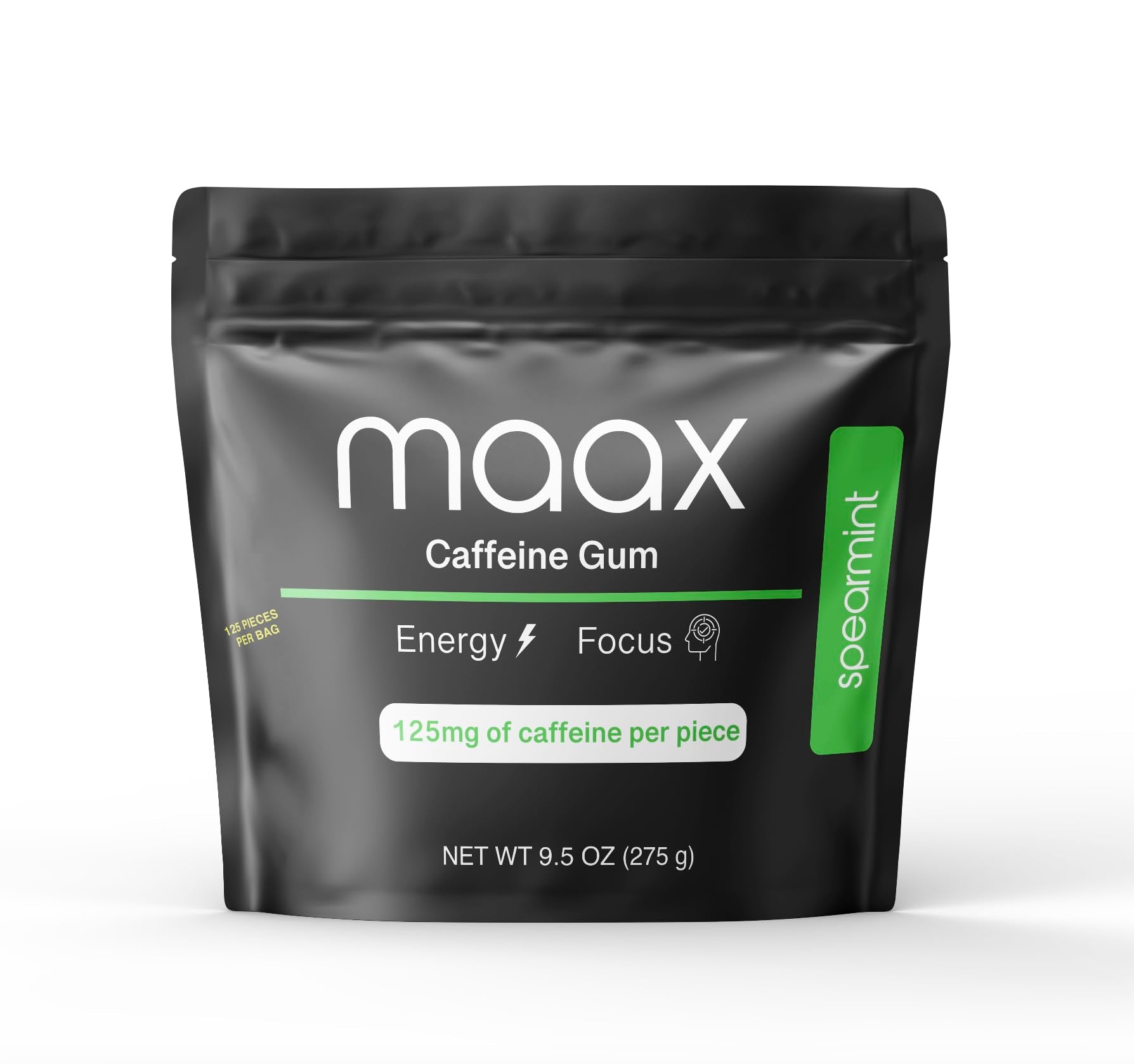 Maax Caffeine Energy Gum - Spearmint, 125mg Caffeine per Piece, 125 Count, Green