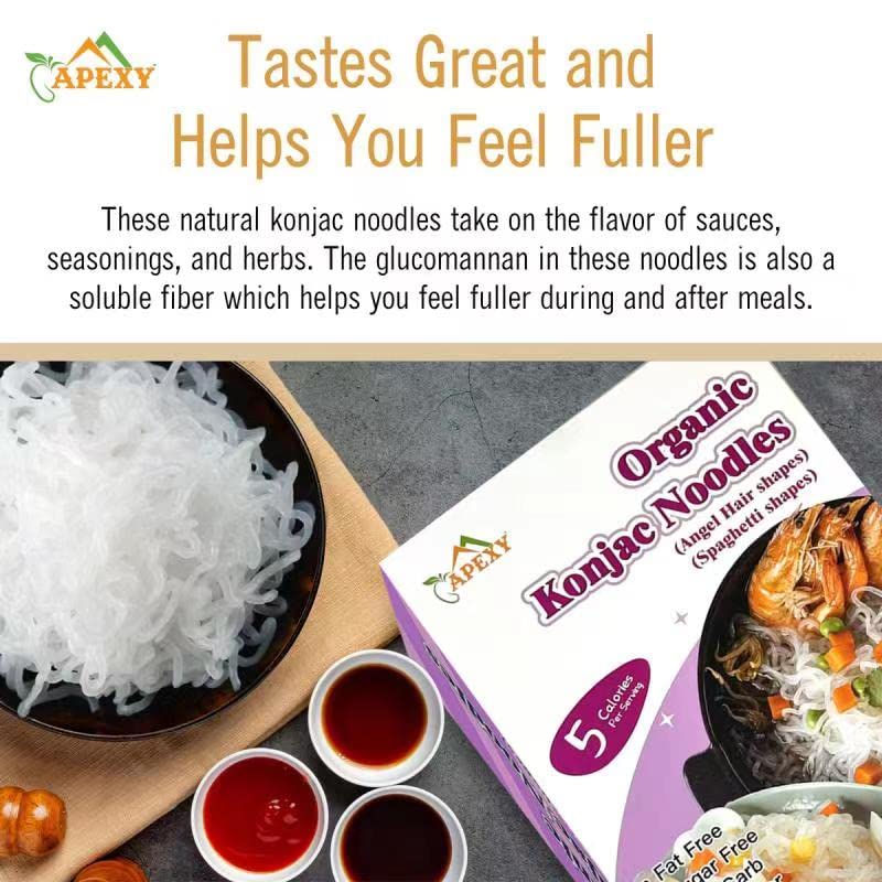 Apexy Organic Shirataki Konjac Noodle 8 Pouches Total 42.24Oz. Low Calorie, Low-Carb Gluten Free, Vegan, Keto And Paleo-Friendly. (Angel Hair & Spaghetti Shapes Combo)