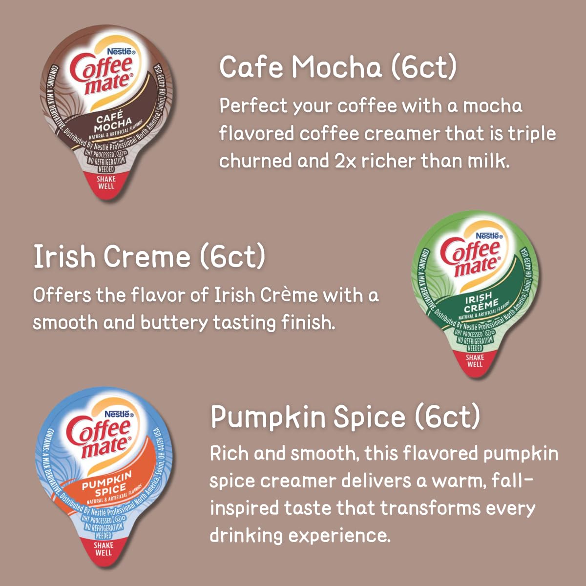 Coffee Creamer Single Serve Variety Pack (54Ct/ 9 Different Flavor) Irish Creme, Cafe Mocha, Chocolate, Peppermint, Pumpkin Spic