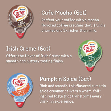 Coffee Creamer Single Serve Variety Pack (54Ct/ 9 Different Flavor) Irish Creme, Cafe Mocha, Chocolate, Peppermint, Pumpkin Spic