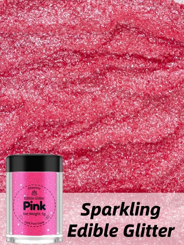 Shanlinly Pink Edible Glitter - Food Grade Shimmer Luster Dust for Cakes, Cocktails, Cupcakes, 5g