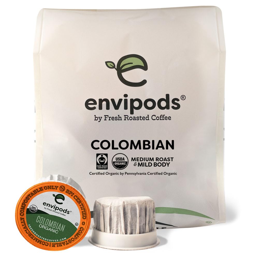 Fresh Roasted Coffee Organic Colombian Envipods, Medium Roast, 12 Count for K Cup Brewers