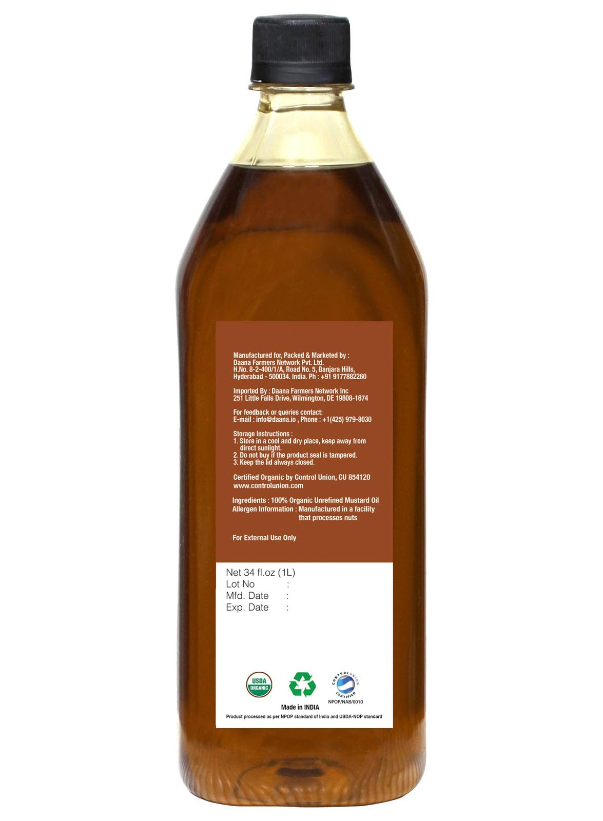 Daana Mustard Oil: Certified Usda Organic, Extra Virgin, Cold Pressed 34 Oz (Pack Of 1)