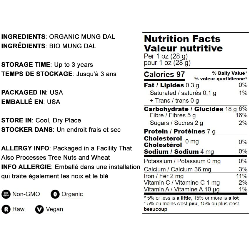 Food To Live Organic Yellow Mung Dal, 1 Pound - Non-Gmo, Peeled Split Mung Beans (Moong Dal). Ayurvedic Food. Easy To Cook. High
