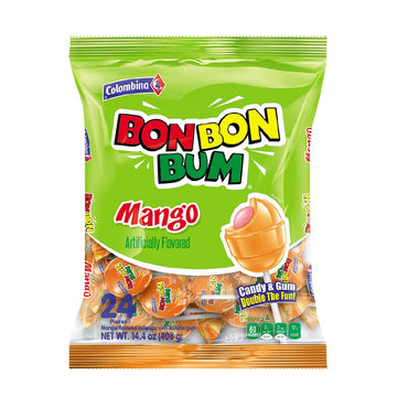Colombina Bon Bon Bum Lollipops W/Bubble Gum Center, Mango Flavor, Individually Wrapped, Ideal For Party Favors And Gifts, 1 Pack (24 Count)