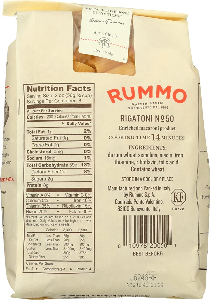 Rummo Rigatoni Pasta N.50 - Rigatoni Pasta Noodles, Italian Tube Pasta, Bronze Cut Pasta, Dry Pasta, Durum Wheat Pasta - 12 Ounce (Pack Of 1)