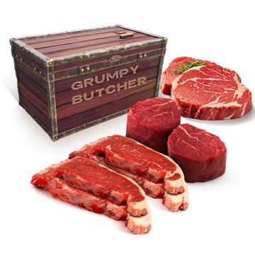 Grumpy Butcher 8 Steaks Premium Set - 4 Ny Strip Steaks (10 Oz), 2 Ribeye (14 Oz), 2 Filet Mignon (8 Oz) | Steak House Quality,