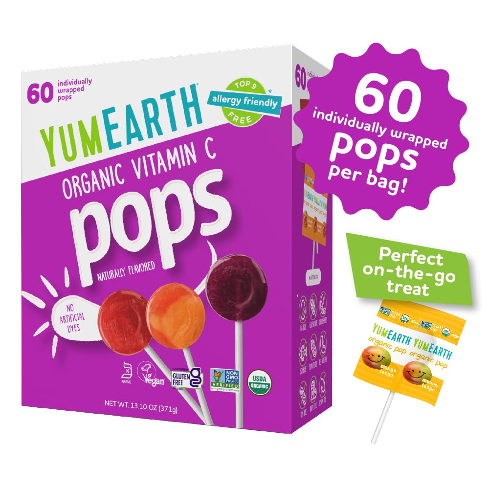 Yumearth Organic Vitamin C Pops Variety Pack, 60 Fruit Flavored Favorites Lollipops, Allergy Friendly, Gluten Free, Non-Gmo, Veg