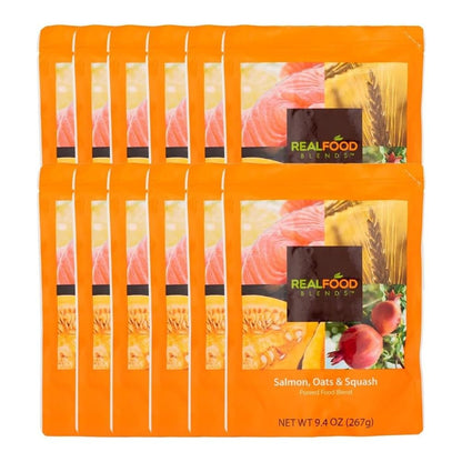 Real Food Blends Salmon, Oats & Squash - Pureed Food Meal for Feeding Tubes, 9.4 oz Pouch (Pack of 12 Pouches)