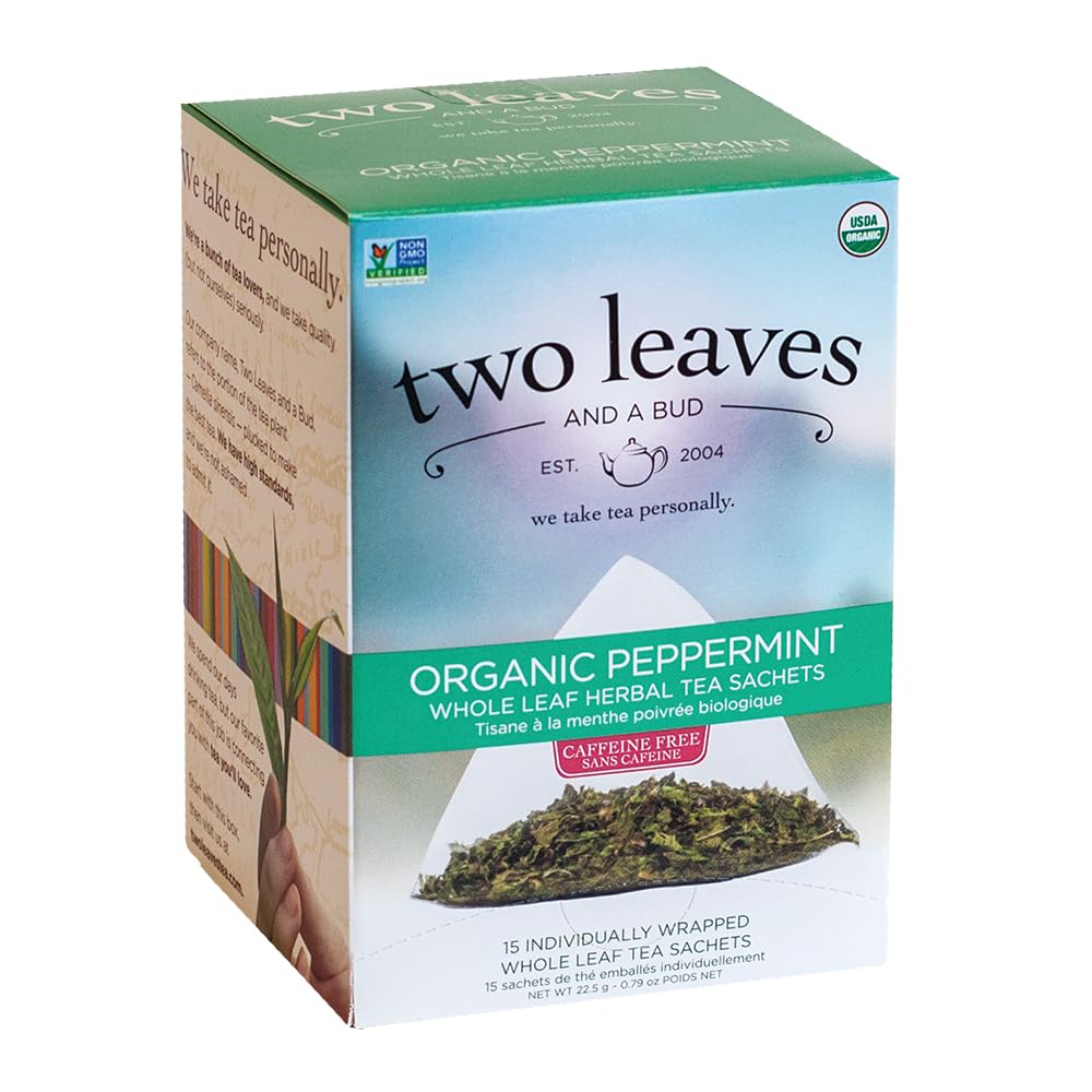 Two Leaves and a Bud Organic Peppermint Tea Bags, Herbal, Caffeine Free, 15 Count, Compostable Sachets