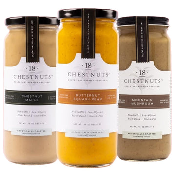 18 Chestnuts Plant Based Soup - Holiday Bundle Box: Butternut Squash Pear, Chestnut Maple, Mountain Mushroom Soup Bundle, Plant 