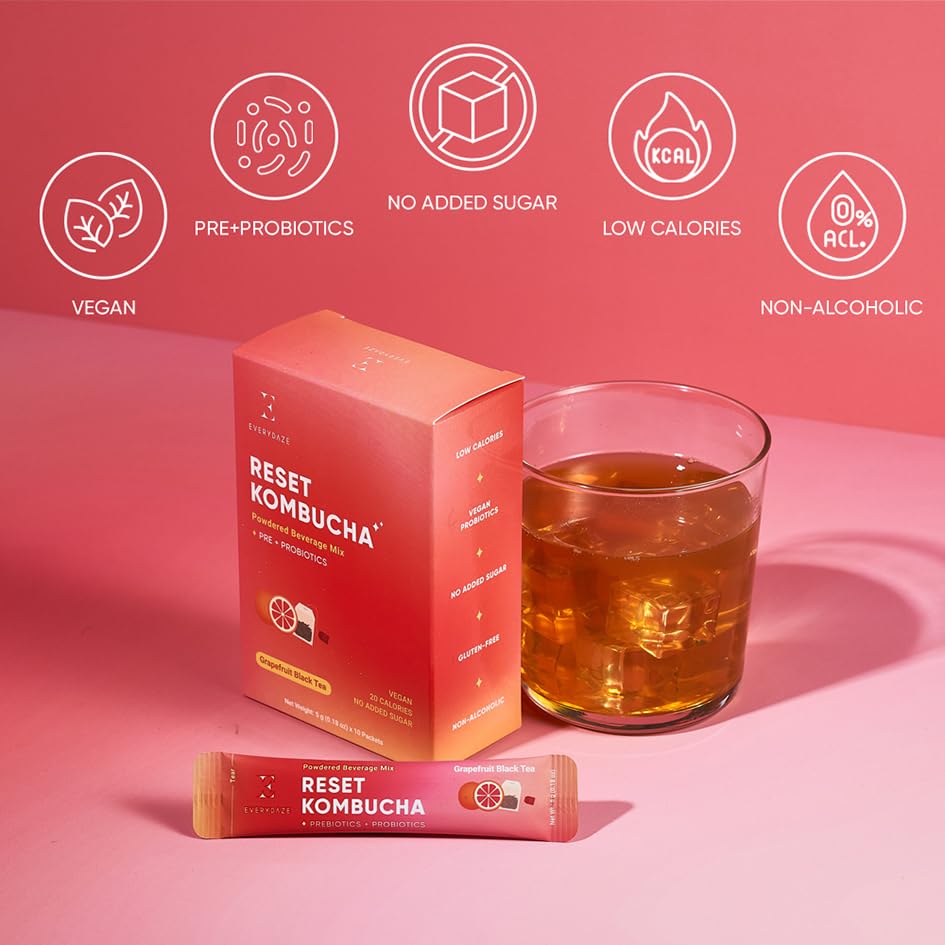 E EVERYDAZE Kombucha Tea Powdered Beverage Mix, 10 Sticks, Vegan, No Added Sugar, Gluten Free, G fruit Black Tea, 0.18 Ounce