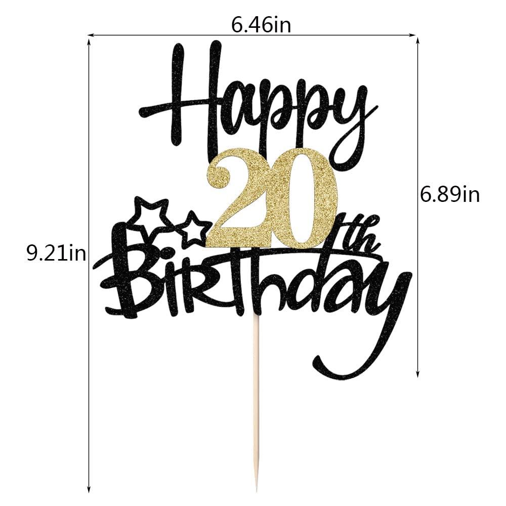 Kaoenla Black Gold Glitter Happy 20Th Birthday Cake Topper - Hello 20/Cheers20,Happy Twenty Birthday Anniversary,20 Years Old Bi