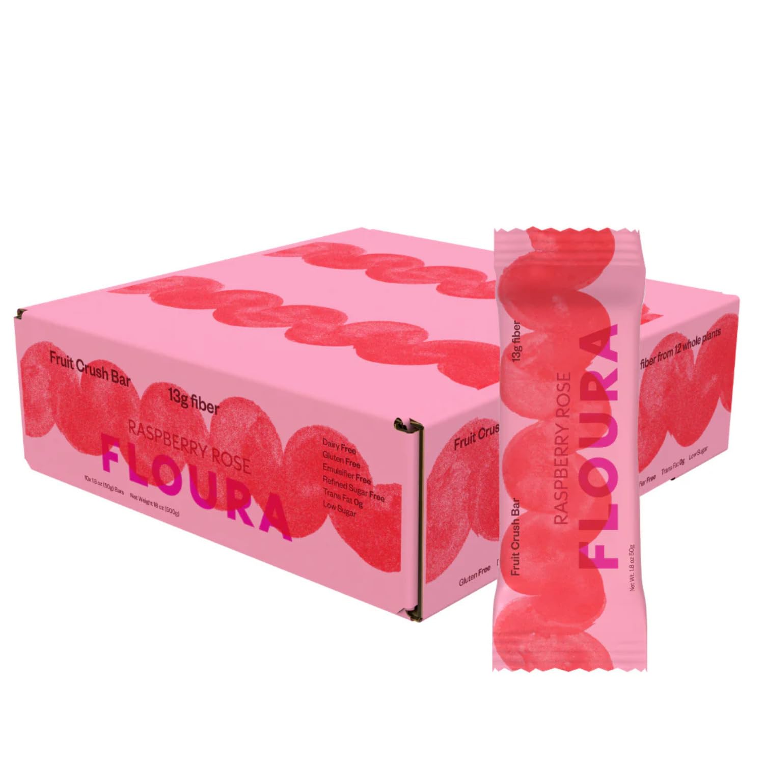 Floura Raspberry Rose Fruit-Forward Fiber Bars- High Fiber, Vegan, Gluten & Dairy Free, Low Calorie Healthy Snack Bars with Upcy
