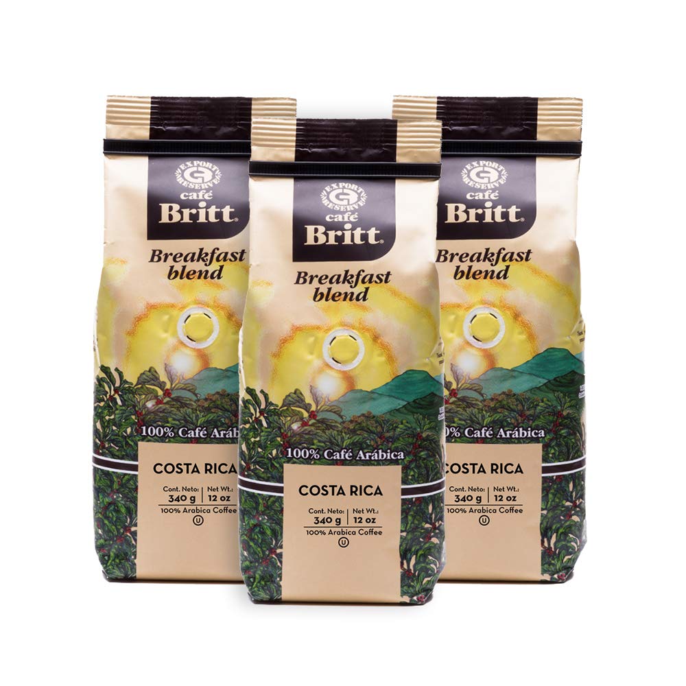 Café Britt Costa Rican Breakfast Blend Coffee, Ground Arabica, Medium Dark Roast, 12 oz. (3-Pack), Kosher, Gluten Free