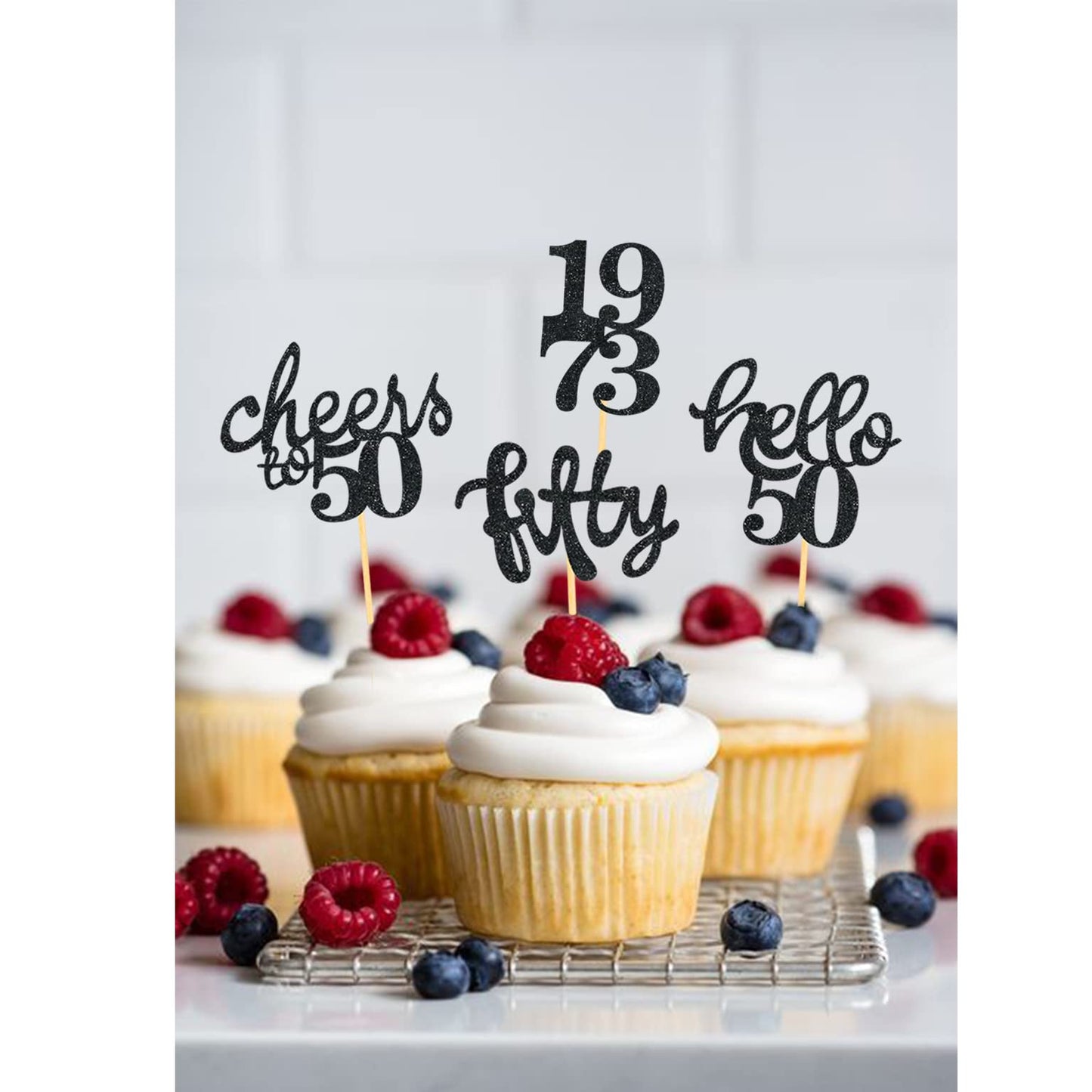 24 Pcs Glitter 50Th Birthday Cupcake Toppers For Celebrating Fifty Years Old Birthday Party Decorations (Black)