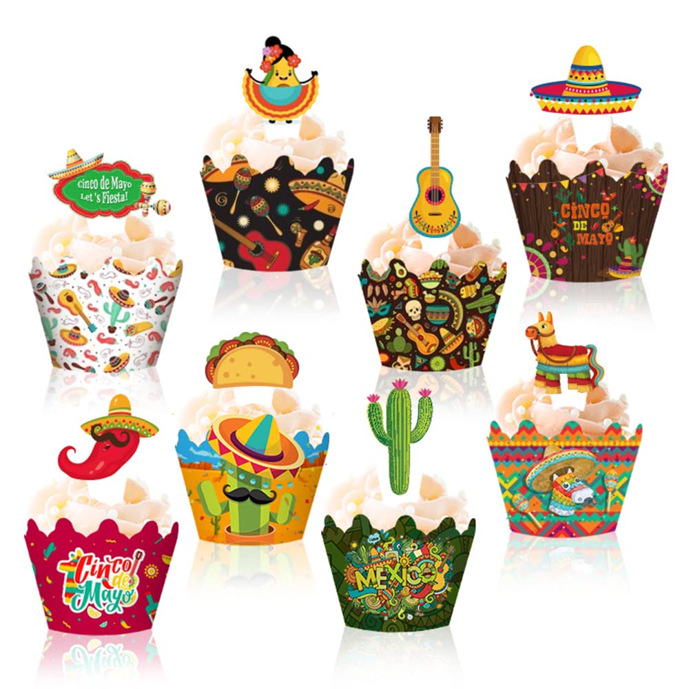 48 Pieces Fiesta Cupcake Topper Mexican Cupcake Wrappers Set For Cinco De Mayo Party Mexican Fiesta Themed Summer Favors Supplie