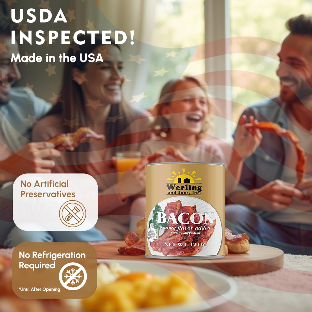 Werling Canned Bacon - Fully Cooked, Smoke Flavor Added, Shelf-Stable, 12 Oz, Pack of 1