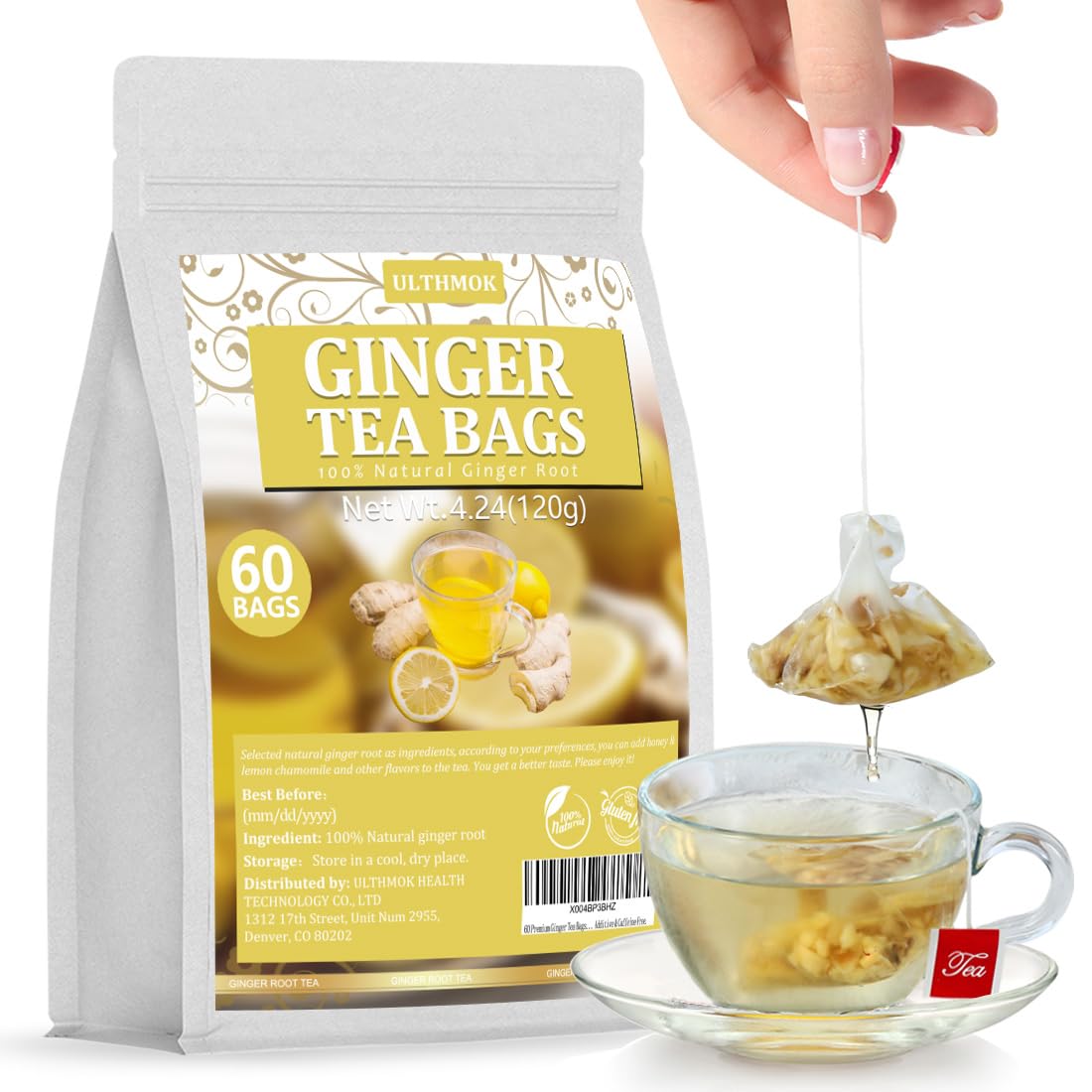 ULTHMOK Ginger Tea Bags, 60 Count, Made with 100% High-Spiciness Ginger Root, Caffeine-Free, Supports Digestion and Immunity