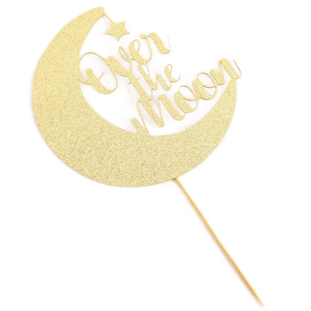 Over The Moon Cake Topper - Baby Shower, Gender Reveals Cake Top Hat, Birthday Party Decorations, Glitter Cardboard, Studio Phot