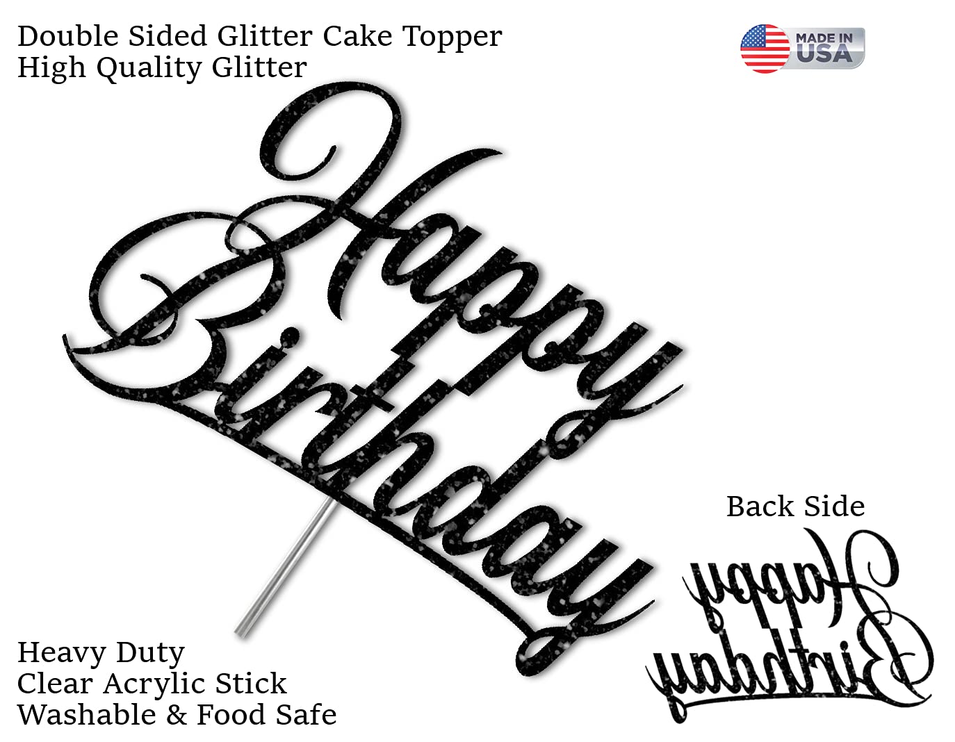 RokAPary Happy Birthday Glitter Cake Topper, Acrylic, Double-Sided, Black